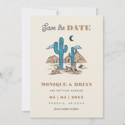 Boho Desert Cactus Retro Arizona Wedding Foto 70er Save The Date (Vorderseite)