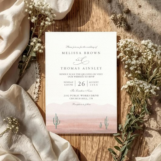 Boho Desert Cactus Rustic Elegant QR Code Wedding Einladung
