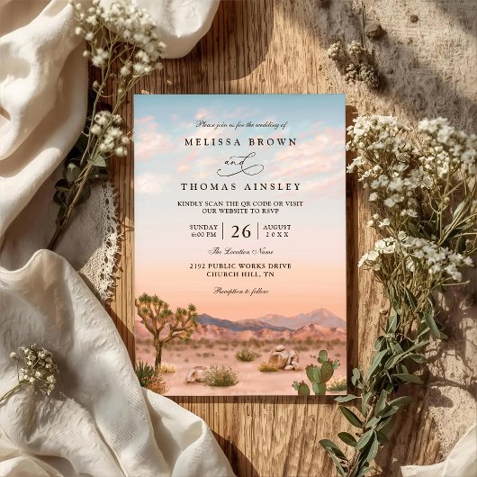 Boho Desert Cactus Rustic Elegant QR Code Wedding Einladung