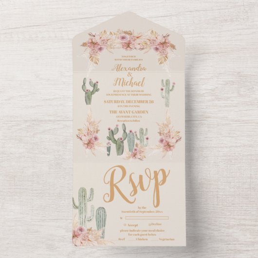 Boho Desert Cactus Wedding All In One Einladung (Innen Boden)