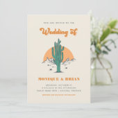 Boho Desert Groovy Retro Cactus & Foto Wedding Einladung (Stehend Vorderseite)