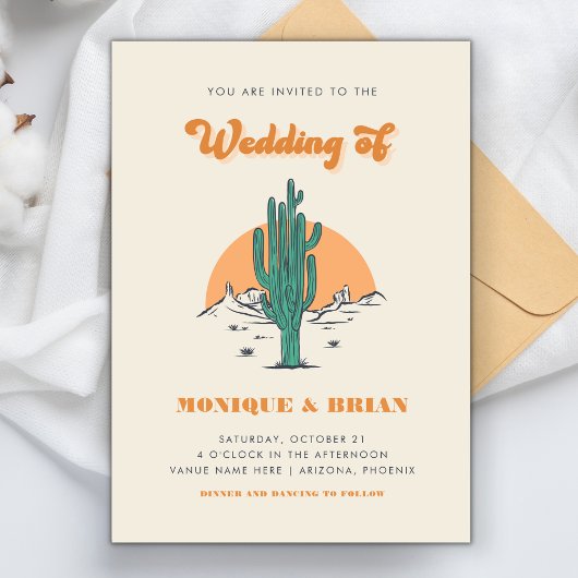 Boho Desert Groovy Retro Cactus & Foto Wedding Einladung