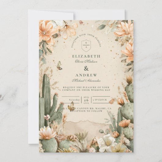 Boho Desert Mountain Cactus Wedding Einladung (Vorderseite)