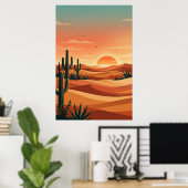 Boho Desert Sunset Dunes with Cactus & Flying Bird Poster (Heimbüro)