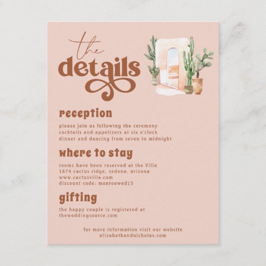 Boho Desert | Terra Cotta Wedding Guest Details Begleitkarte (Vorderseite)