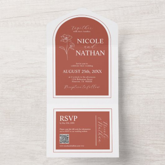 Boho Design Terracotta Rust Earth Tone | QR Code All In One Einladung (Innen Boden)