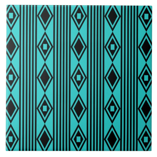 Boho Diamonds Stripes Black Türkise Fliese (Vorderseite)