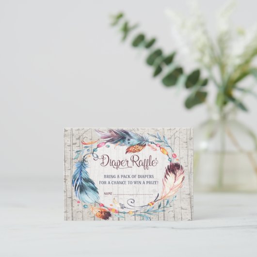 Boho Diaper Raffle Rustikale Bohemische Federn Begleitkarte (Stehend Vorderseite)