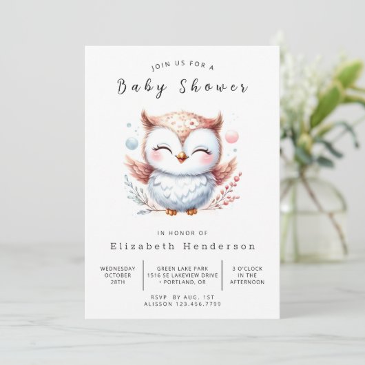 Boho Digital Owl Baby Dusche Einladung (Stehend Vorderseite)