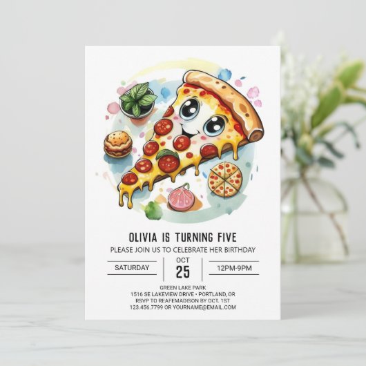 Boho Digital Pizza Birthday Einladung (Stehend Vorderseite)