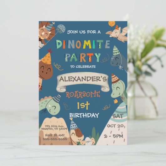 Boho Dinosaur 1. Geburtstag Einladung (Stehend Vorderseite)