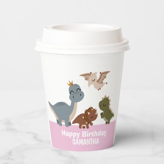 Boho Dinosaur Birthday Pink Pappbecher (Rückseite)