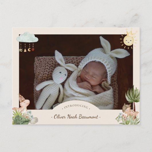 Boho Dinosaur Foto Geburtsankündigung Postkarte (Vorderseite)
