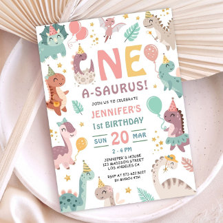 Boho-Dinosaur-Mädchen 1. Geburtstagseinladung Einladung