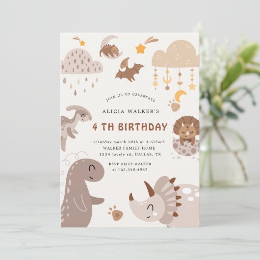 Boho Dinosaur Party Animals Kindergeburtstag Einladung (Stehend Vorderseite)