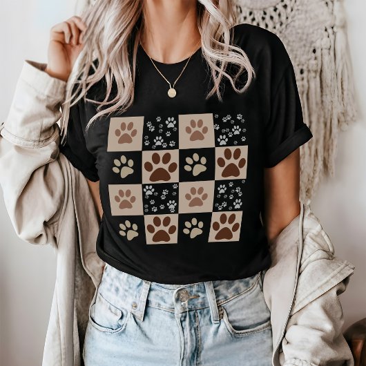 Boho Dog & Cat Paw Checkered T - Shirt