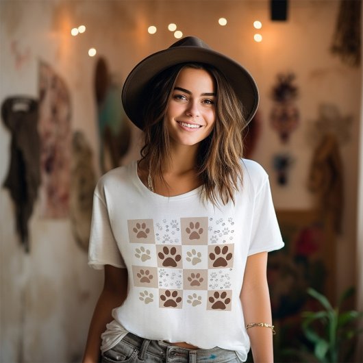 Boho Dog & Cat Paw Checkered T - Shirt