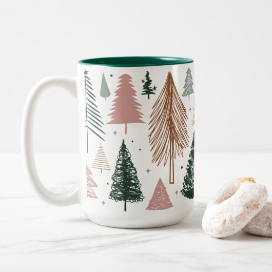 Boho Doodle Christmas Tree Pattern Zweifarbige Tasse (Mit Donut)