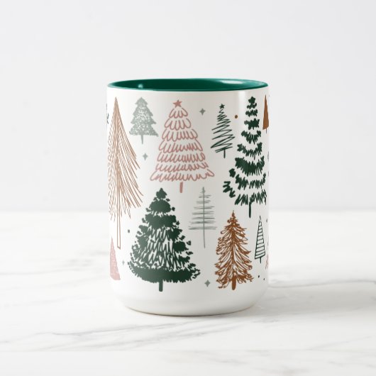 Boho Doodle Christmas Tree Pattern Zweifarbige Tasse (Mittel)