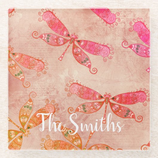 Boho Dragonfis in Rosa Glasuntersetzer (Vorderseite)