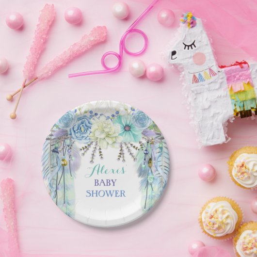 Boho Dream Catcher Feather Tribal Aqua Pappteller (Party)