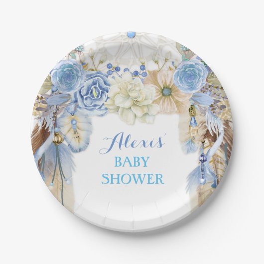 Boho Dream Catcher Feather Tribal Blue Ivory Pappteller (Vorderseite)