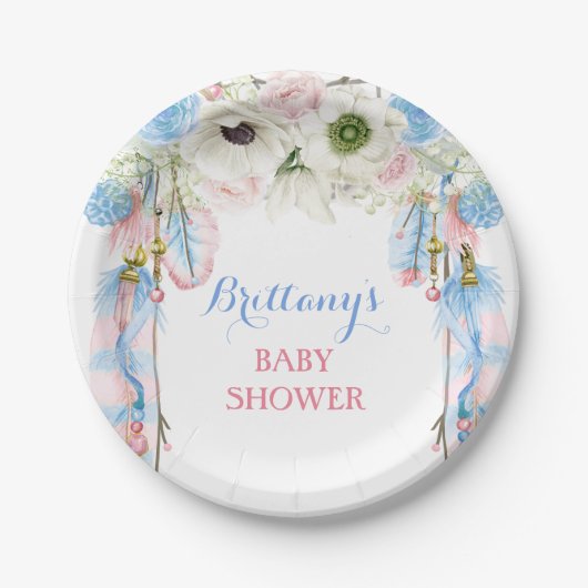 Boho Dream Catcher Feather Tribal Blue Pink Pappteller (Vorderseite)