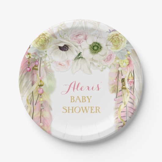 Boho Dream Catcher Feather Tribal Pink Yellow Pappteller (Vorderseite)