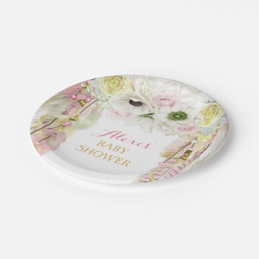 Boho Dream Catcher Feather Tribal Pink Yellow Pappteller (Schrägansicht)