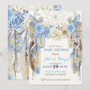 Boho Dream Catcher Feathers Blue Ivory Brown Einladung