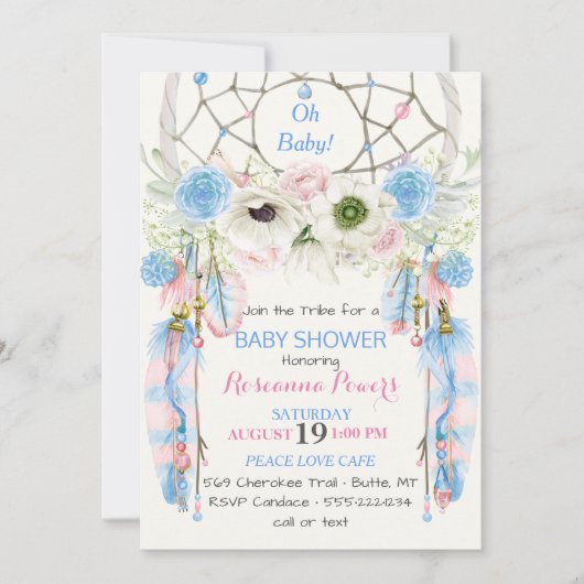 Boho Dream Catcher Feathers Blue & Pink Einladung (Vorderseite)