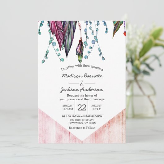 Boho Dream Catcher & Feathers Wedding Einladung (Stehend Vorderseite)