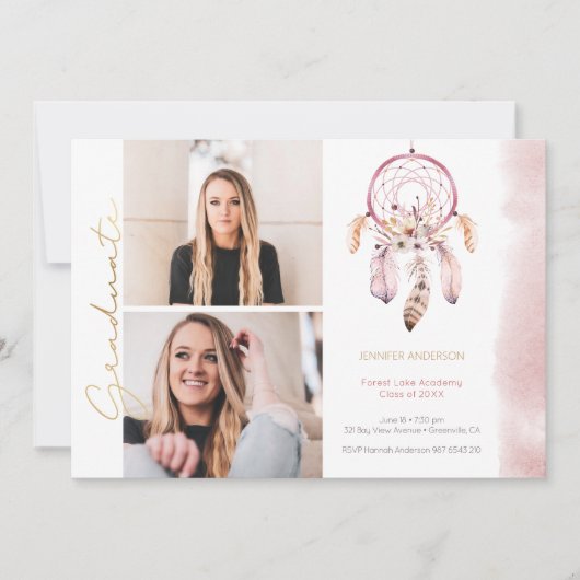 Boho Dream Catcher Gold Script Foto Abschluss Ankündigung (Vorderseite)