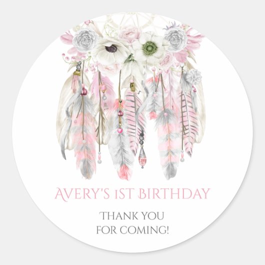 Boho Dream Catcher Pink Gray Elvory Feathers Runder Aufkleber (Vorderseite)