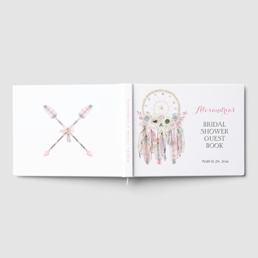 Boho Dream Catcher Pink Gray Feathers Arrows Gästebuch (Voll)