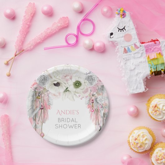 Boho Dream Catcher Pink Gray Feathers Crystals Pappteller (Party)