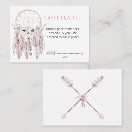 Boho Dream Catcher Pink GrayFeathers Diaper Raffle Begleitkarte (Vorne/Hinten)