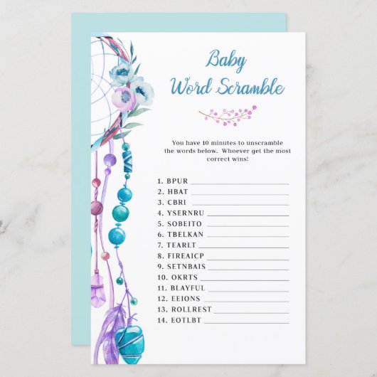 Boho Dreamcatcher Baby Dusche Word Scramble (Vorne/Hinten)