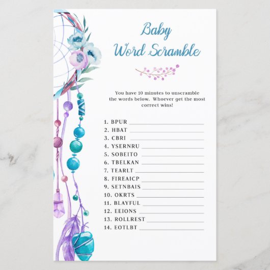 Boho Dreamcatcher Baby Dusche Word Scramble (Vorderseite)