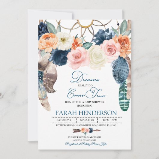 Boho Dreamcatcher Blue Baby Dusche Einladung (Vorderseite)