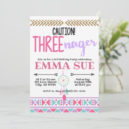 Boho Dreamcatcher Caution Dreischnager 3. Geburtst Einladung (Stehend Vorderseite)
