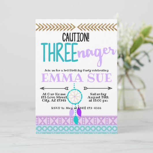 Boho Dreamcatcher Caution Dreischnager 3. Geburtst Einladung (Stehend Vorderseite)