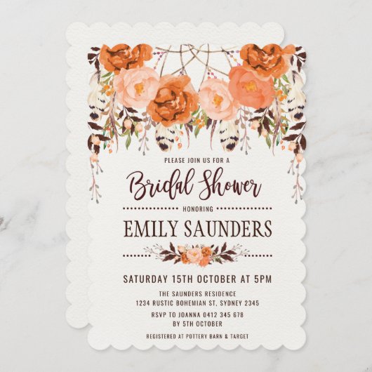 Boho Dreamcatcher Fall Floral Brautparty Einladung (Vorne/Hinten)