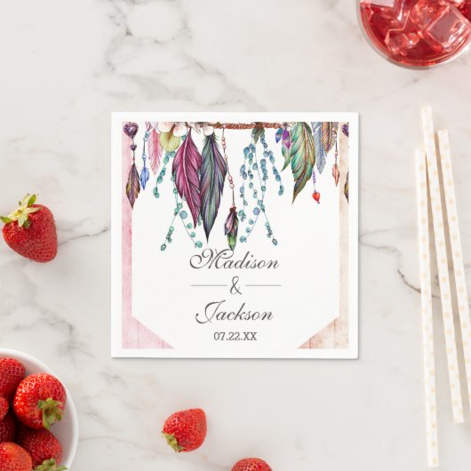 Boho Dreamcatcher & Feathers Pink Monogram Wedding Serviette (Beispiel)
