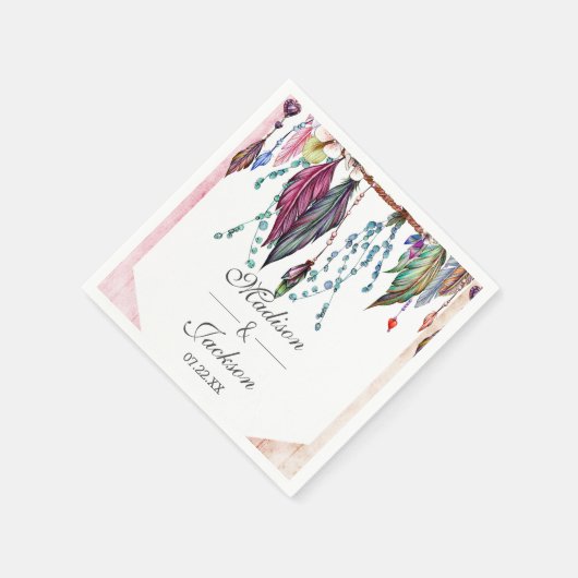 Boho Dreamcatcher & Feathers Pink Monogram Wedding Serviette (Ecke)