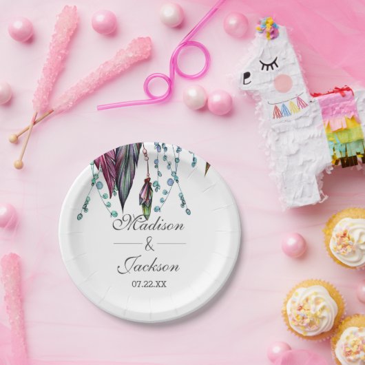 Boho Dreamcatcher & Feathers Pink Wedding Monogram Pappteller (Party)