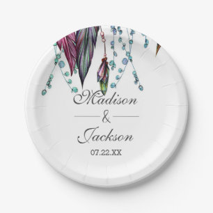 Boho Dreamcatcher & Feathers Pink Wedding Monogram Pappteller