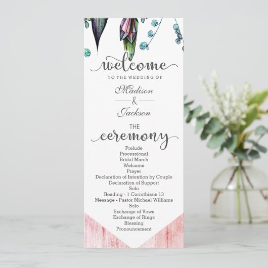 Boho Dreamcatcher & Feathers Pink Wedding Program Programm (Stehend Vorderseite)