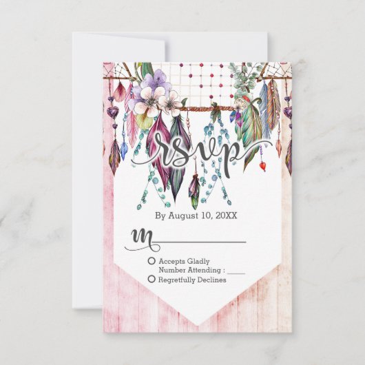 Boho Dreamcatcher & Feathers Pink Wedding RSVP Karte (Vorderseite)