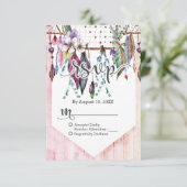 Boho Dreamcatcher & Feathers Pink Wedding RSVP Karte (Stehend Vorderseite)